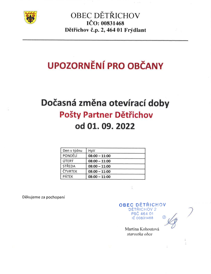 Dočasná změna otevírací doby