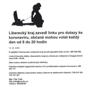 Krajský úřad libereckého kraje -zavedl linku pro dotazy ke koronaviru 1