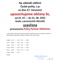 Uzavření provozovny Pošty Partner Dětřichov 1