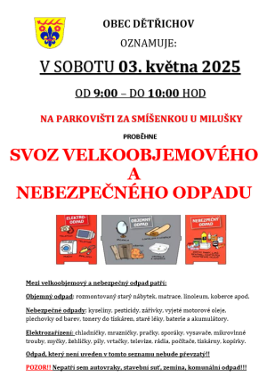 Svoz nebezpečného a velkoobjemového odpadu v sobotu 3.5.2025